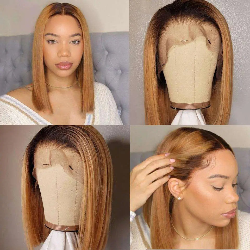 Black Roots Ombre Honey Brown Graceful Silky Straight Bob Lace Frontal Wig - Yufei Hair