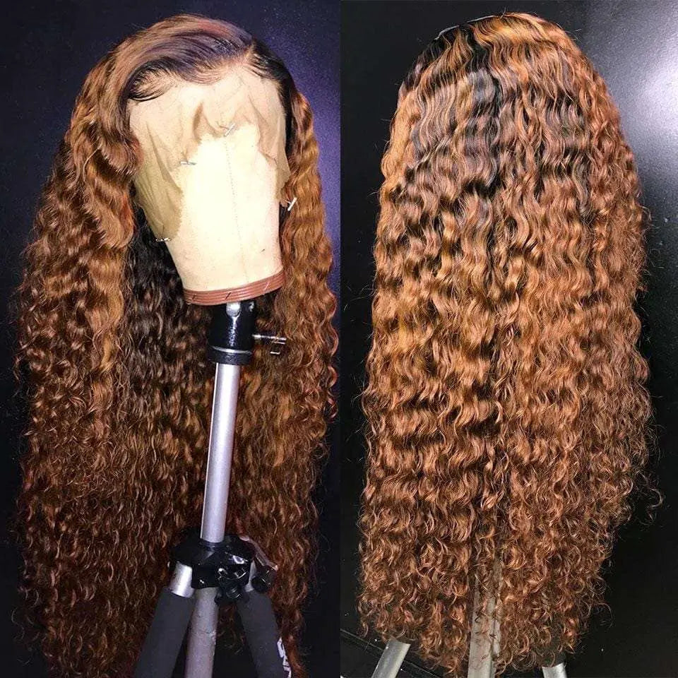 Black Roots Ombre Honey Brown Romantic Wave Lace Frontal Lace Wig - Yufei Hair