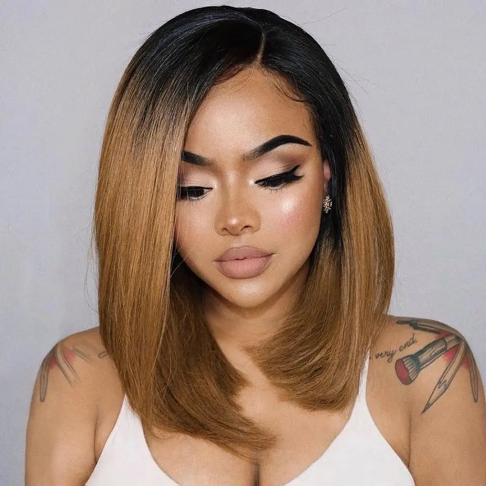 Customized Middle Part Honey Brown Ombre Straight Bob Lace Frontal Wig - Yufei Hair
