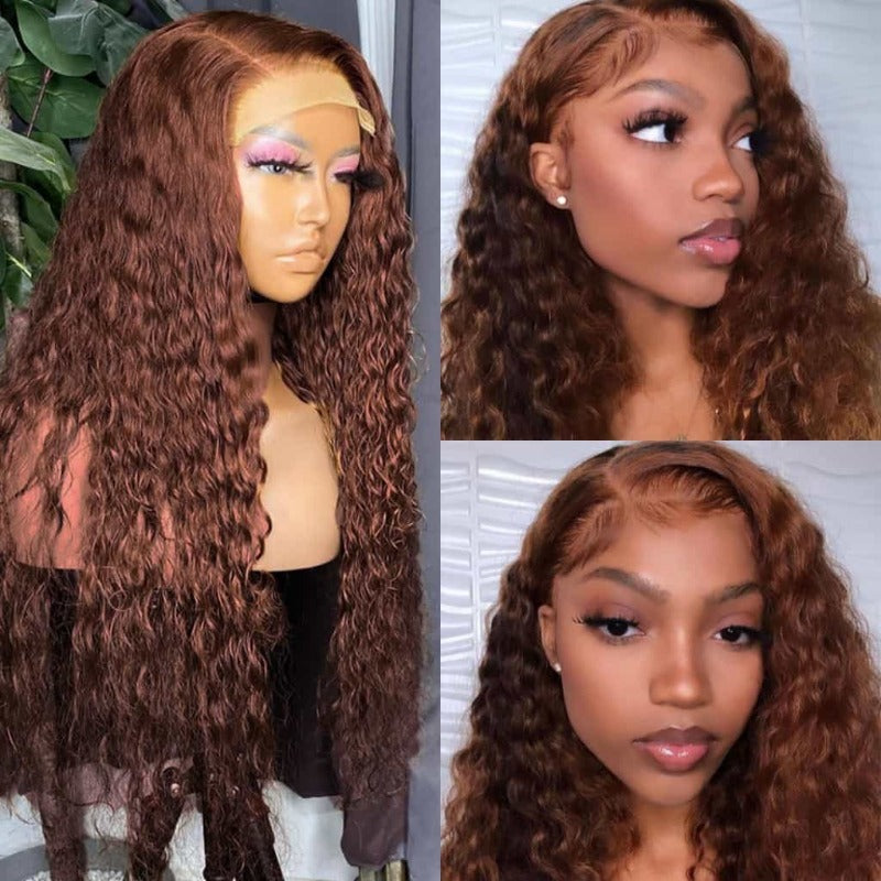 Warm Brown Deep Wave Chocolate Color Human Hair Lace Frontal Wigs