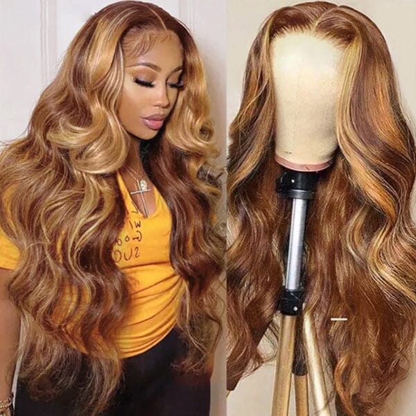 Goddess-like Honey Highlights Brown Body Wave 4x4 13*4 Lace Frontal Wig - Yufei Hair