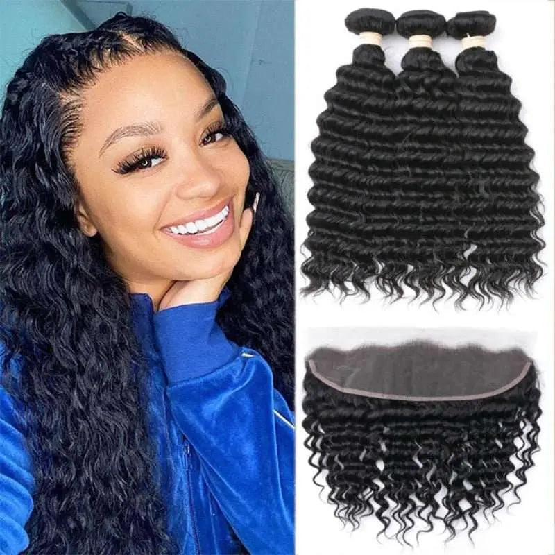 Natural Black 3 Bundles Deep Wave Brazilian Virgin Hair With 13*4 Lace Frontal - Yufei Hair