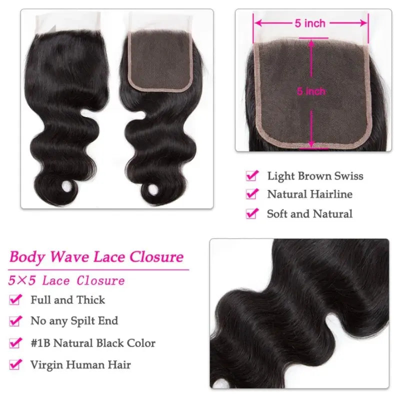 Natural Black 3 Bundles Deep Wave Brazilian Virgin Hair With 5*5 Lace Closure - Yufei Hair