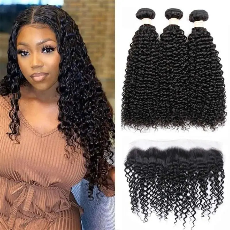 Natural Black 3 Bundles Kinky Curly Brazilian Virgin Hair With 13*4 Lace Frontal - Yufei Hair