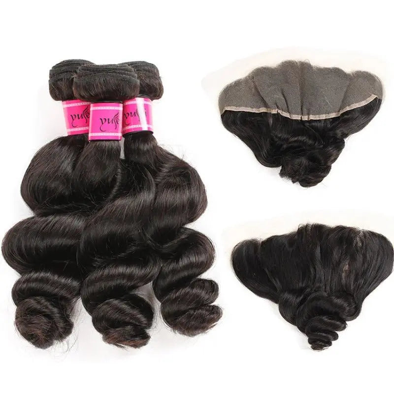 Natural Black 3 Bundles Loose Wave Brazilian Virgin Hair With 13*4 Lace Frontal - Yufei Hair