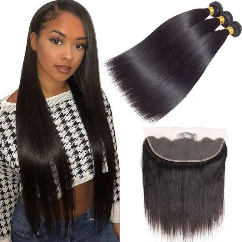 Natural Black 3 Bundles Straight Brazilian Virgin Hair With 13*4 Lace Frontal - Yufei Hair