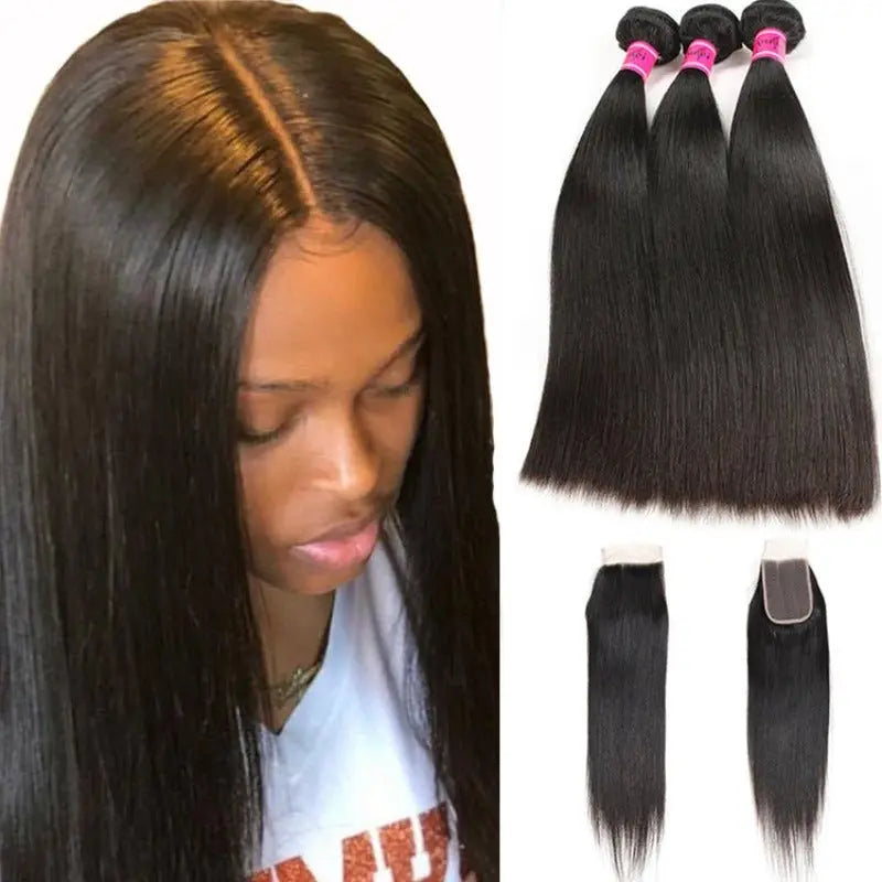 Natural Black 3 Bundles Straight Brazilian Virgin Hair With 5*5 Lace Closure - Yufei Hair