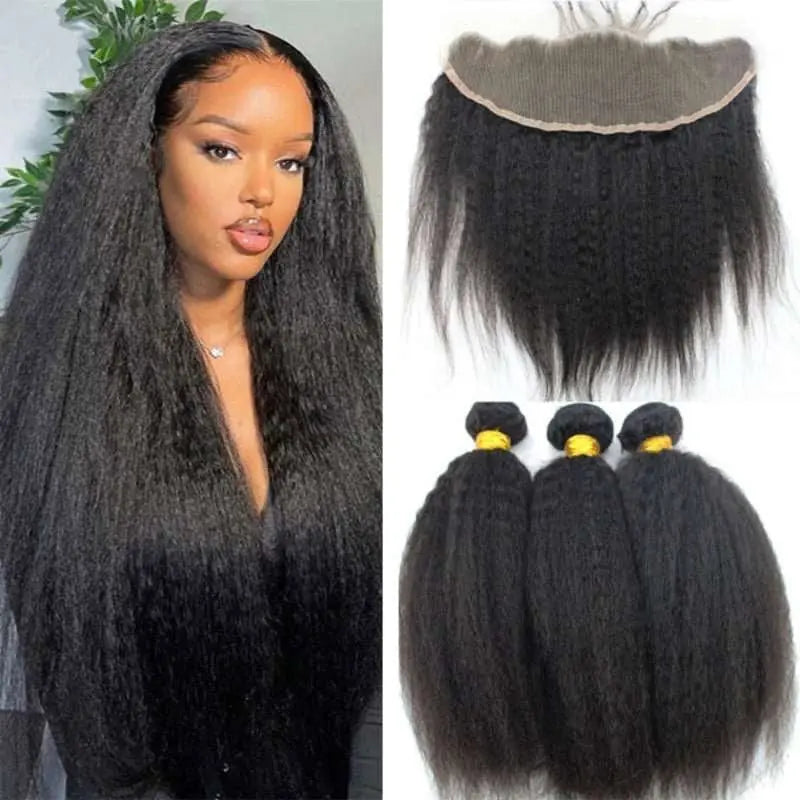 Natural Black 3 Bundles Yaki Straight Brazilian Virgin Hair With 13*4 Lace Frontal - Yufei Hair