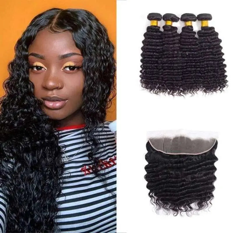 Natural Black 4 Bundles Deep Wave Brazilian Virgin Hair With 13*4 Lace Frontal - Yufei Hair