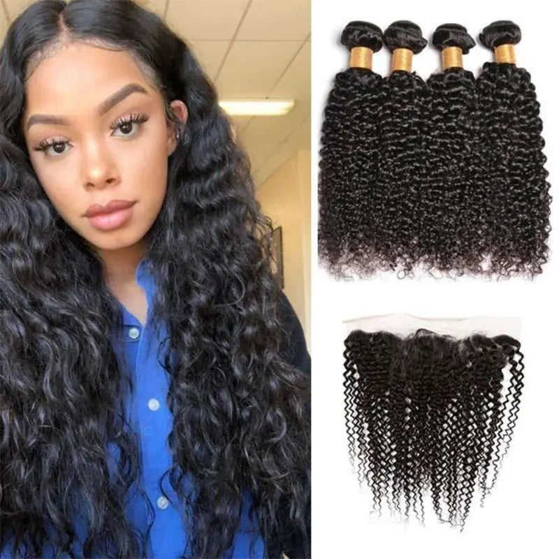 Natural Black 4 Bundles Kinky Curly Brazilian Virgin Hair With 13*4 Lace Frontal - Yufei Hair