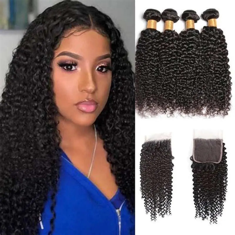 Natural Black 4 Bundles Kinky Curly Brazilian Virgin Hair With 4*4 Lace Closure - Yufei Hair