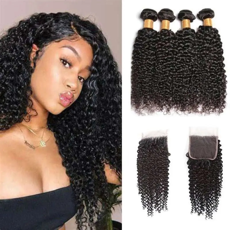 Natural Black 4 Bundles Kinky Curly Brazilian Virgin Hair With 4*4 Lace Closure - Yufei Hair