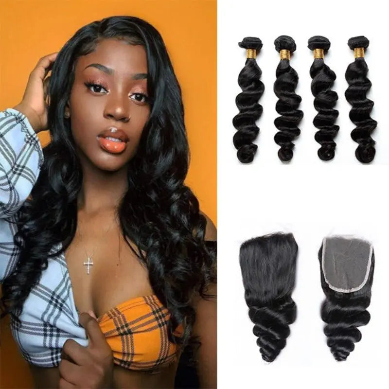 Natural Black 4 Bundles Loose Wave Brazilian Virgin Hair With 4*4 Lace Closure - Yufei Hair