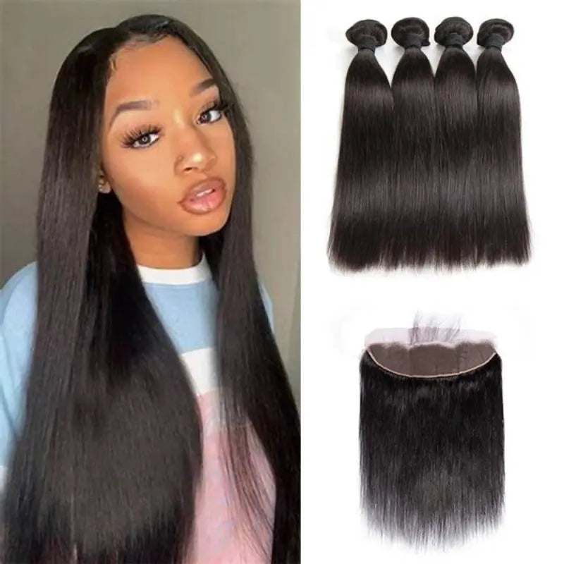 Natural Black 4 Bundles Straight Brazilian Virgin Hair With 13*4 Lace Frontal - Yufei Hair