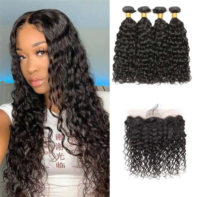 Natural Black 4 Bundles Water Wave Brazilian Virgin Hair With 13*4 Lace Frontal - Yufei Hair