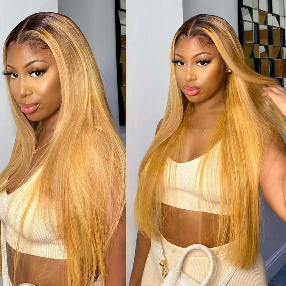 Ombre #1B/27 Honey Blonde Color Silky Straight 13*4 Lace Frontal Wig - Yufei Hair