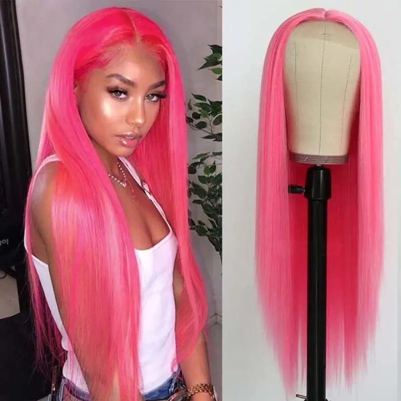 Rose Pink Color Straight Hair 13*4 Lace Frontal Wigs - Yufei Hair