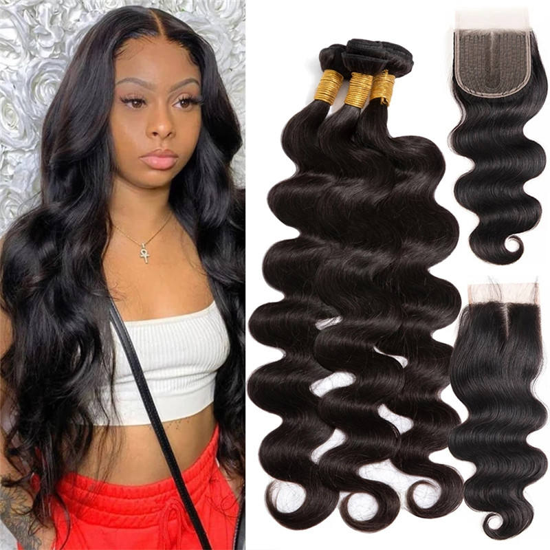 Natural Black 3 Bundles Body Wave Wave Brazilian Virgin Hair With 4*4 Lace Closure - Yufei Hair