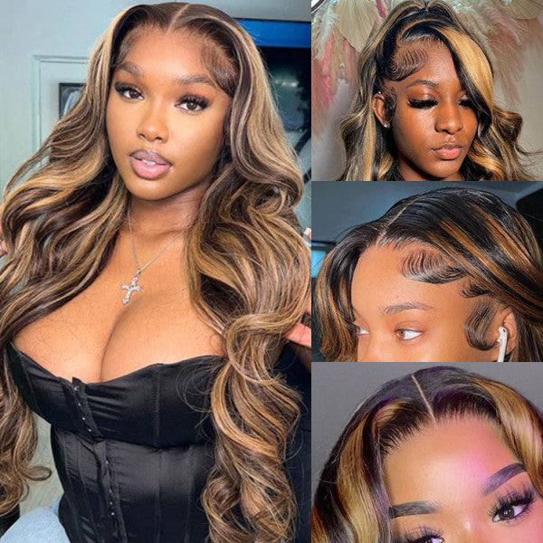 Honey Blonde Body Wave Highlights Mix Color Human Hair Lace Frontal Wigs