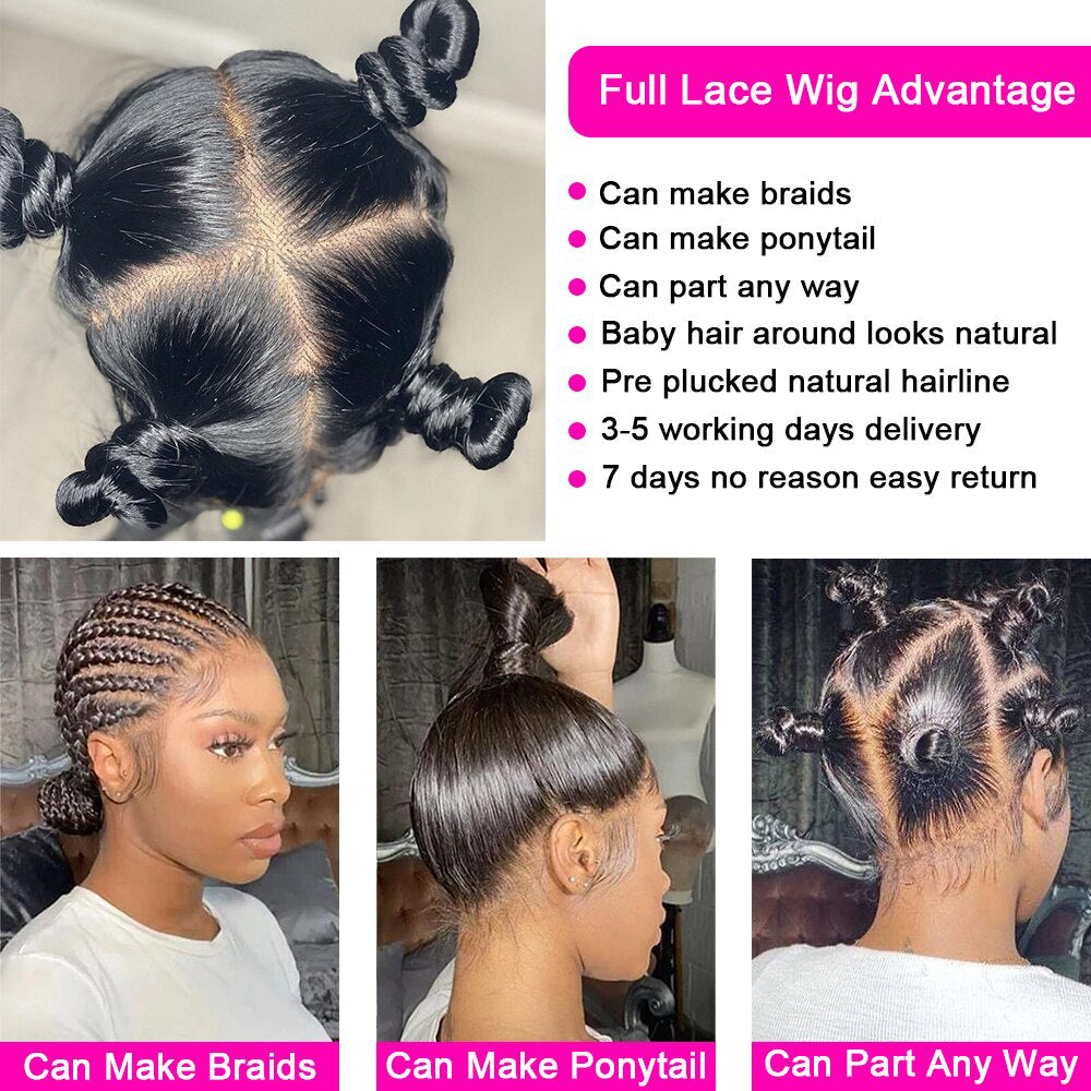 Full Lace Wig Yaki Straight Brazilian Virgin Hair Natural Black Pre-Plucked - Yufei Hair